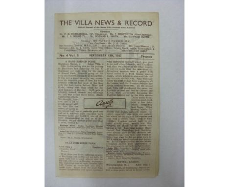 ASTON VILLA, 1947/1948, a football programme from the home fixture with Aston Villa, played on 13/09/1947 (4 pages, folded).