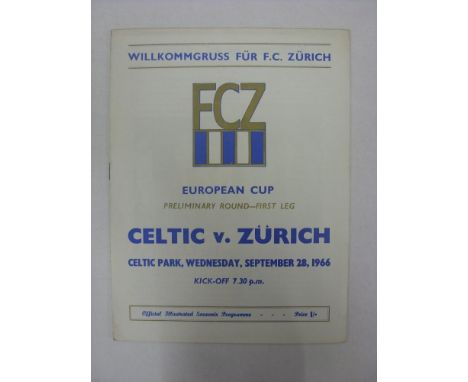 LISBON LIONS, 1966/1967, a home football programme from Celtic's famous European Cup season, 28/09/1966 v Zurich (good condit