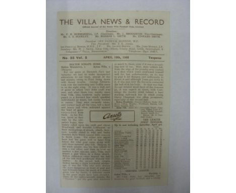 ASTON VILLA, 1947/1948, a football programme from the home fixture with Stoke City, played on 10/04/1948 (4 Pages).