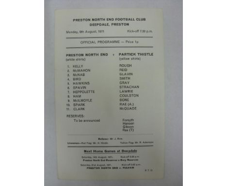 PRESTON NORTH END, 1971/1972, a single card football programme from the Friendly fixture with Partick Thistle played on 09/08