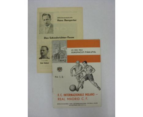 CUP FINAL, 1964, European Cup, a football programme from the Final game Inter Milan v Real Madrid, played in Vienna on 27/05/