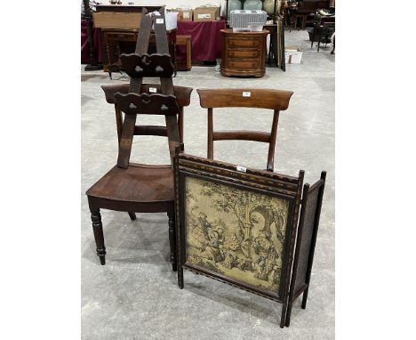 A pair of 19th Century mahogany chairs; a triptych firescreen and an oak rack (4).