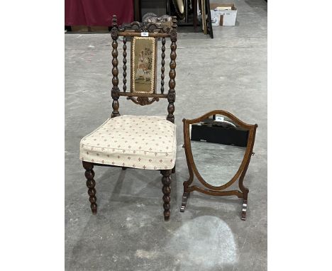 A Victorian rosewood bobbin turned and needlepoint upholstered side chair and a mahogany dressing table mirror with shield pl