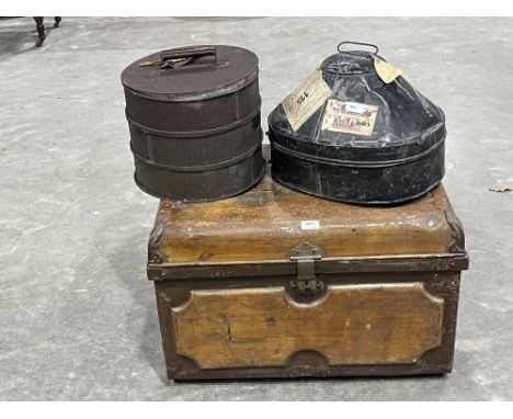 A tin trunk; a tin hat box and a sieve (3)
