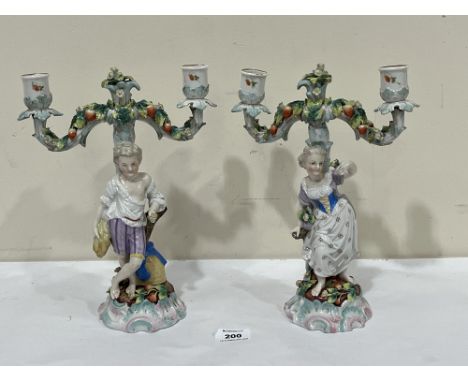 A pair of 19th Century Dresden porcelain two light figural candelabra. 11" high