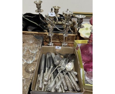 A pair of plated three light candelabra; a quantity of thread, fiddle and shell pattern plated cutlery and a collection of di
