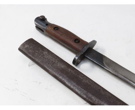 A WWII British Indian Army bayonet with GR and R.F.I (Rifle Factory Ishapore) markings with all steel scabbard