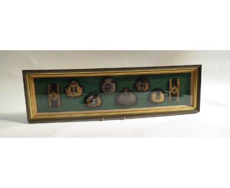 A display of Merchant Navy cap badges including British Transport Docks Board 1 & 2 Trinity House, Standard Merchant Navy, El
