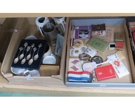 Two boxes of Navy mugs, a set of six RN crested spoons and Queen Elizabeth II coronation souvenirs  