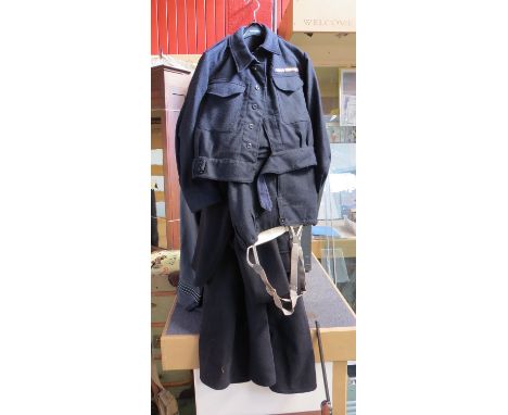 A Civil Defence great coat, blouse and trousers, with WWII medal bar 