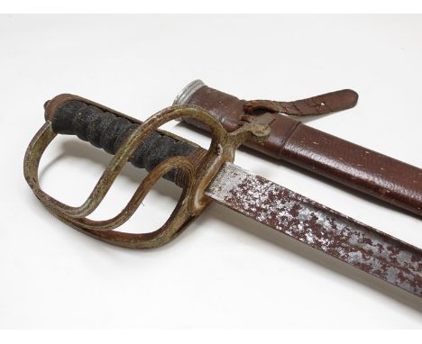 An 1856 pattern Royal Artillery Officer's sword, numbered 12653 to blade, heavily corroded, leather scabbard