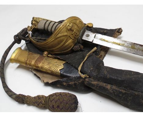 A 19th Century British Naval officer's sword, the lion pommel with gilt hilt bearing anchor crest, portapee knot, leather and