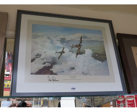 A limited edition print "Duel of Eagles" by Robert Taylor, signed by Adolf Galland and Douglas Bader, framed and glazed