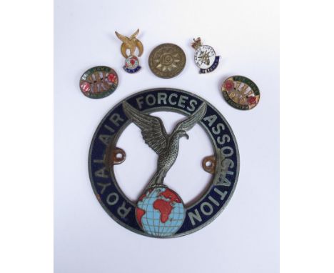 Five WWII and later military badges including two Women's Land Army badges 'For Home and Country' and Royal Air Forces Associ