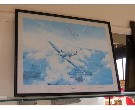 A Robert Taylor print of 'Spitfire' in blue tone, signed in pencil by Johnnie Johnson and Douglas Bader, framed and glazed 
