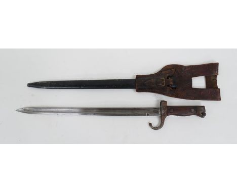 A French bayonet Mle92 with hooked quillion wooden grips, steel scabbard and leather frog