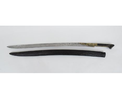 An 18th Century yataghan sword with horn grips, stamped makers mark to blade, with scabbard 