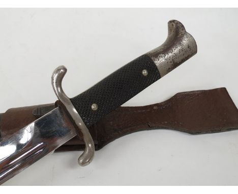 A German fire service/police dress bayonet, chromed blade with steel scabbard and leather frog, short pattern