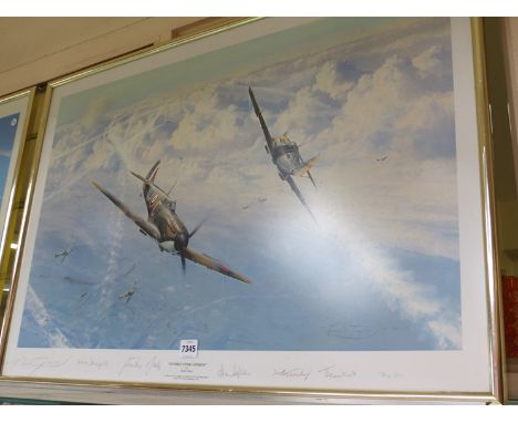 A Robert Taylor limited edition print 'Combat over London' with multiple signatures including Robert Taylor and James Leathar