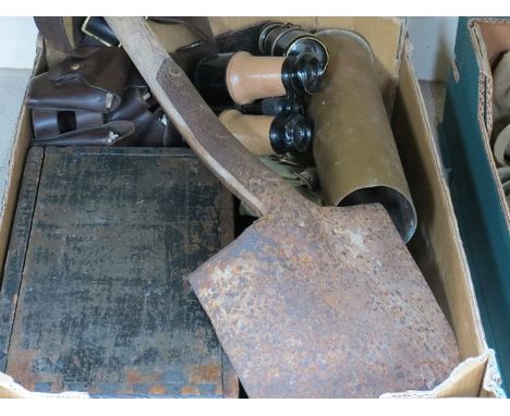 A box of WWI equipment including wire cutters, belts,ammo box, entrenching tools, 1915 dated shovel etc 