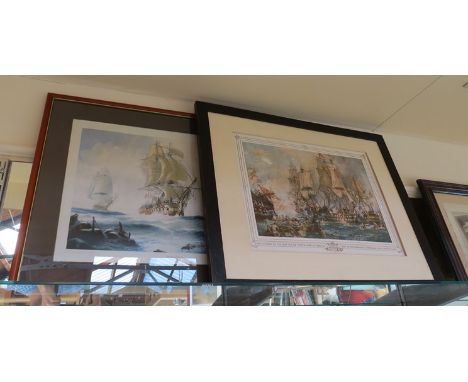 A limited signed print by Michael Whitehand of Nelson's ship titled 'Victory News' and a framed print of the Battle of Trafal