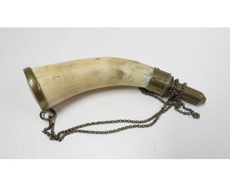 A Victorian horn shot flask with brass mounts, marked H95, reputedly for Baker rifle 