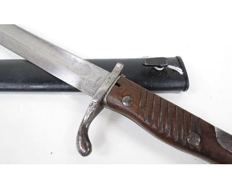 A WWI German Seitengewehr 98/05 aA bayonet with 598/05 all-steel pattern scabbard, bayonet by C.G Haenel Suhl, dated 15