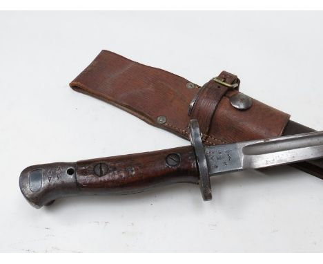 A WWI Sanderson bayonet pattern 1907 with Crown over GR and 15 stamp, with 1907 scabbard MKII and leather frog