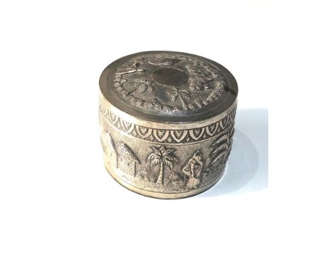 Antique indian silver trinket box scenic embossed design  measures approx 7cm dia height 5cm xrt 800 grade silver weight 104g