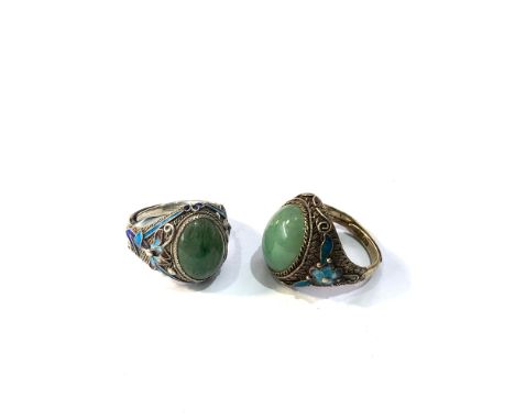 2 Chinese export silver &amp; enamel jade rings 