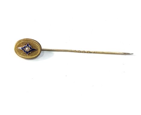 Gold victorian seed-pearl enamel stick pin measures approx 8cm long head measures approx 17mm by 12mm head high carat gold me