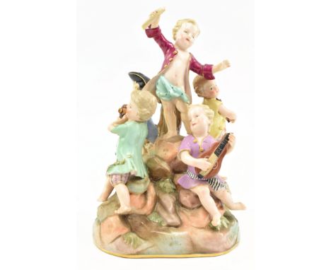 A believed Dresden Continental early 20th century hand painted porcelain group figure. The figure depicting a musical band of