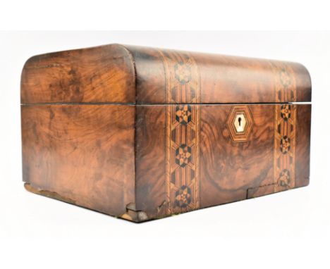 A Victorian 19th century walnut &amp; tunbridge inlaid ladies travelling vanity case box. The case having a curved top with g