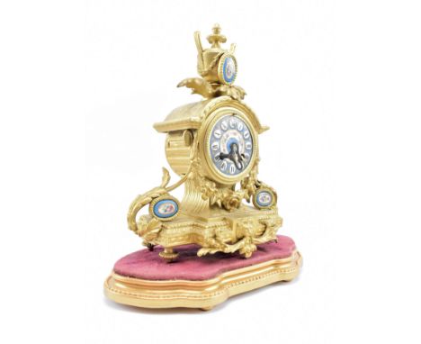 Japy Freres, Paris - a French 19th century gilt metal &amp; blue enamel 8-day mantel clock. The clock having an urn shaped fi