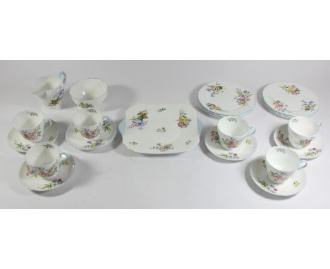 A Shelley, England, Wild Flowers pattern 13668 six piece tea service to include, teacups 7x8cm, saucers 14cm, sandwich plates