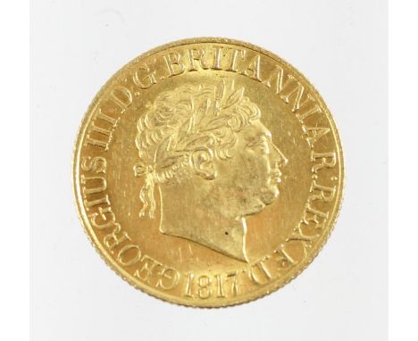 King George III, Sovereign, 1817, Laureate head r. coarse hair, legend type A. R. St. George and dragon within Garter, edge m