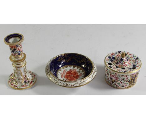 A 19th century Royal Crown Derby candlestick holder 19cm, together with a Royal Crown Derby inkwell and a small unmarked dish