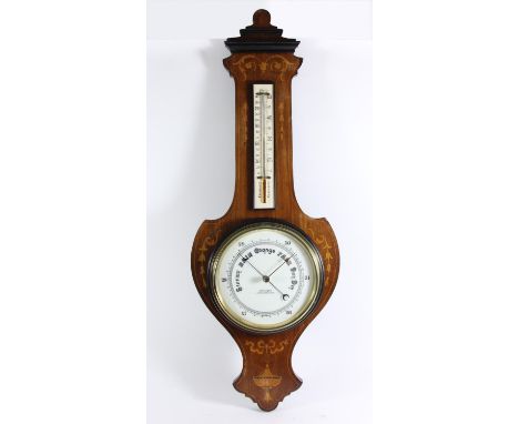 Aitchinson, London &amp; Provinces, an Edwardian mahogany and boxwood inlaid aneroid wheel barometer, with temperature gauge,