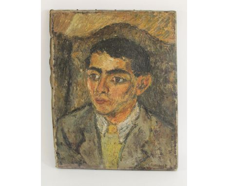 In the manner of Georges Roualt, portrait of a young man, acrylic on canvas, bears a signature, painting verso, unframed, 46 