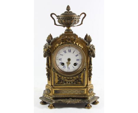 A 19th century French gilt brass mantle clock, the white enamel dial lacking one hand, the Japy Freres movement numbered 9470