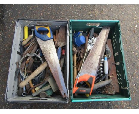 2 Boxes of hand tools including hammers and saws etc 