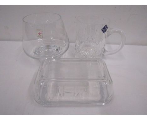 Caithness etched glass, Edinburgh crystal tankard and butter dish