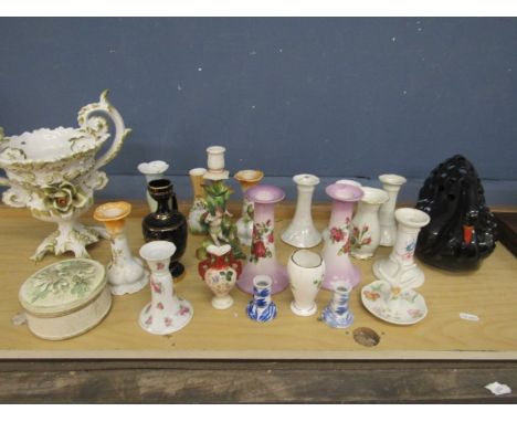 A collection of vintage candlesticks, a Capodimonte vase a/f and a swan