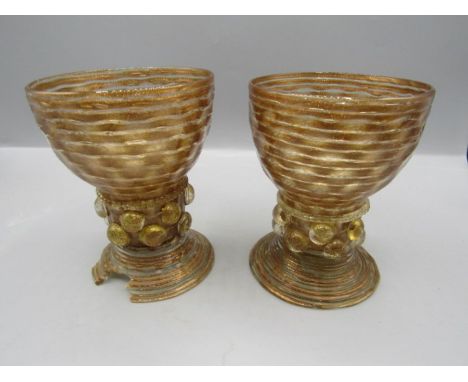 Vintage Venetian glass goblets amber coloured with iridescent finish one a/f 