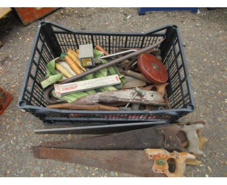 Box of tools including saws, chisels and vintage tape measure etc 