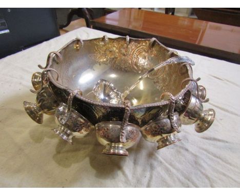 Silver plated punch bowl set with cups and ladle 