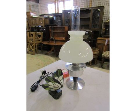 Oil lamp with glass shade and Tiffany style butterfly lamp with spare bulbs 