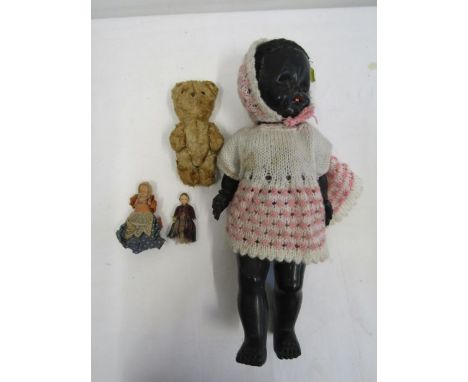 Pedigree black click doll with moving eyes, head arms and legs, 2 cellophane dolls and a vintage teddy bear 