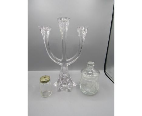 Glass candlestick in star shape, etched lidded pot and a small pot
