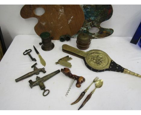 Collectors lot- Swagger stick, art boards, pestle, corkscrew, vintage lamp, bellows etc etc